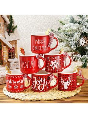 Set of 6 Christmas Coffee Mugs with Spoons - Festive Plaid Design, 11 oz